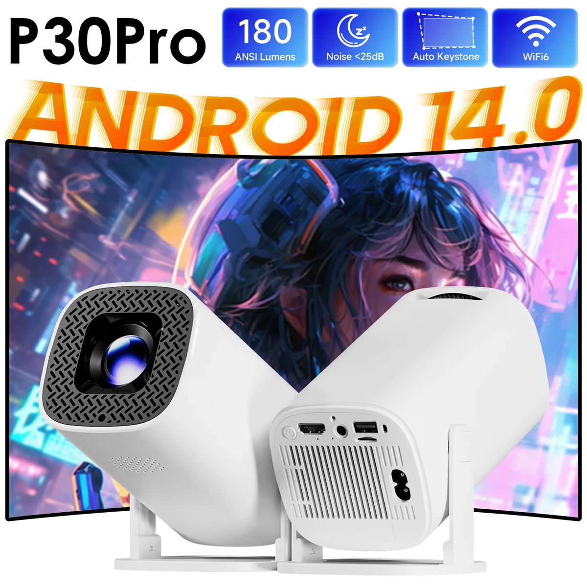 P30 Pro Smart Mini Projector – Android 14, WiFi 6, Screen Mirroring